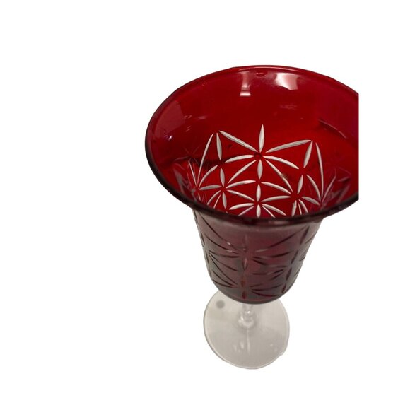 Candle Holder Red Cut Clear Glass Votive Star Starburst Stem Home Decor Holiday - Picture 5 of 7